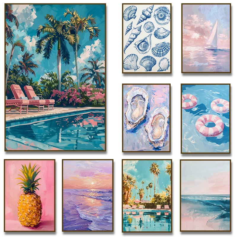 Póster impreso en lienzo para decoración del hogar, pintura de palmeras, rosa, piscina, Pastel, concha de OSTRA, piña, conchas marinas, sala de estar