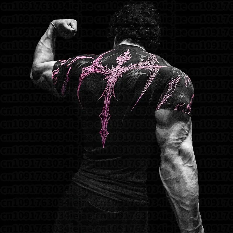 Gothic Battle Short Sleeved Men's Kid Quick Drying Stretch Fitness Suit for Summer Sports with Tight Compression Cuffs T-shirt
