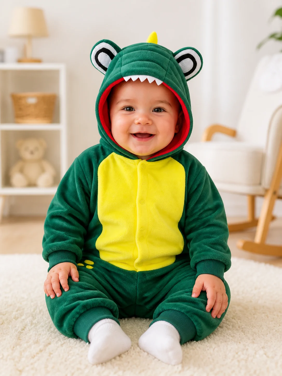 Kids Baby Dinosaur Animal Onesie Costume Fleece Hooded Jumpsuit Button‑up Romper Toddler Warm Cosplay Sleepwear Outfit