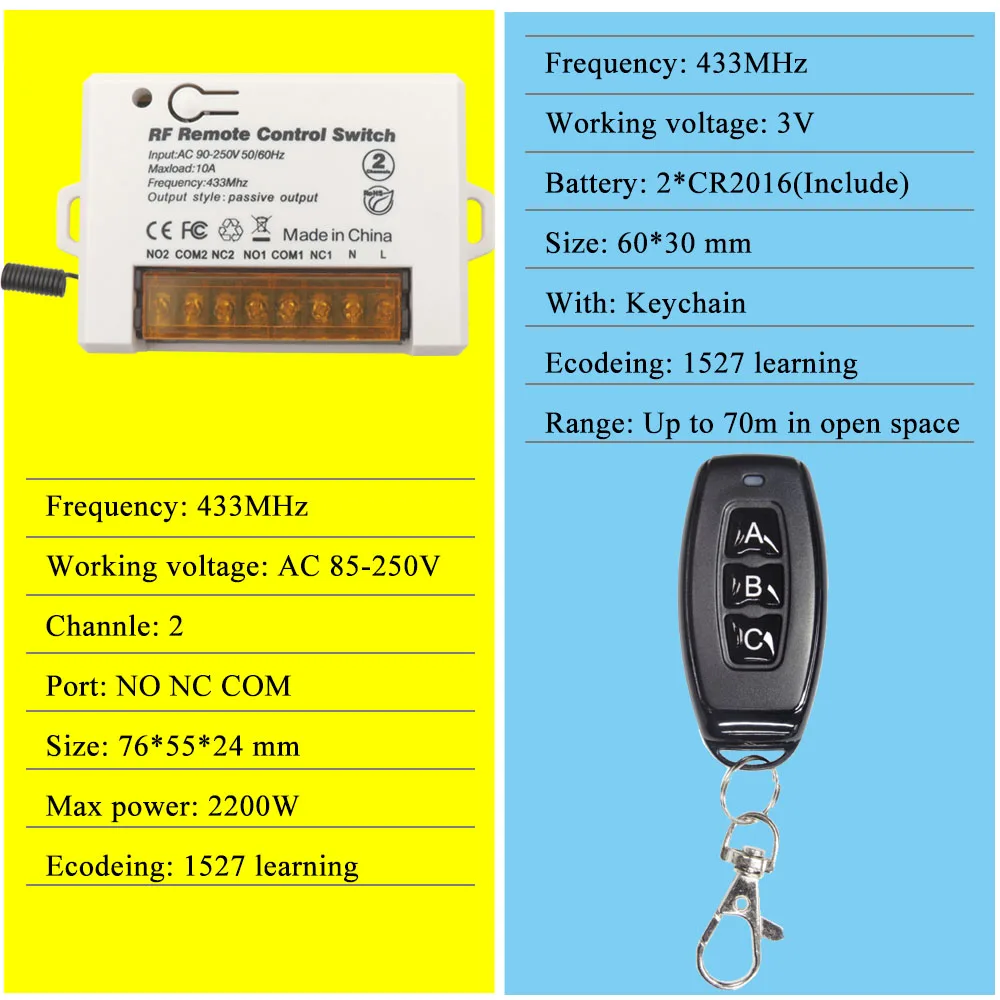 Universal Garage Door Motor Light Gate Remote Controller Switch Wireless AC 110V 220V 2CH Relay Receiver Module with Transmitter