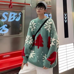 Y2K New Christmas Tree Couple Knitted Sweater Fashion Mens Streetwear Loose Thick O-Neck Oversized Pullover Knitwear Pull Homme