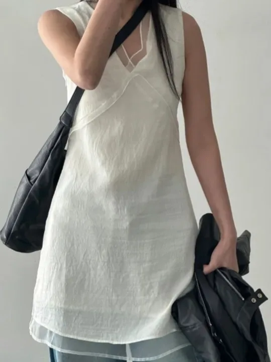 เสื้อกล้ามคอวีแต่งลูกไม้ทรงเข้ารูปสำหรับผู้หญิง กระโปรงทรงเอไลน์ความยาวปานกลาง สไตล์ทันสมัย เหมาะสำหรับใส่ทำงาน
