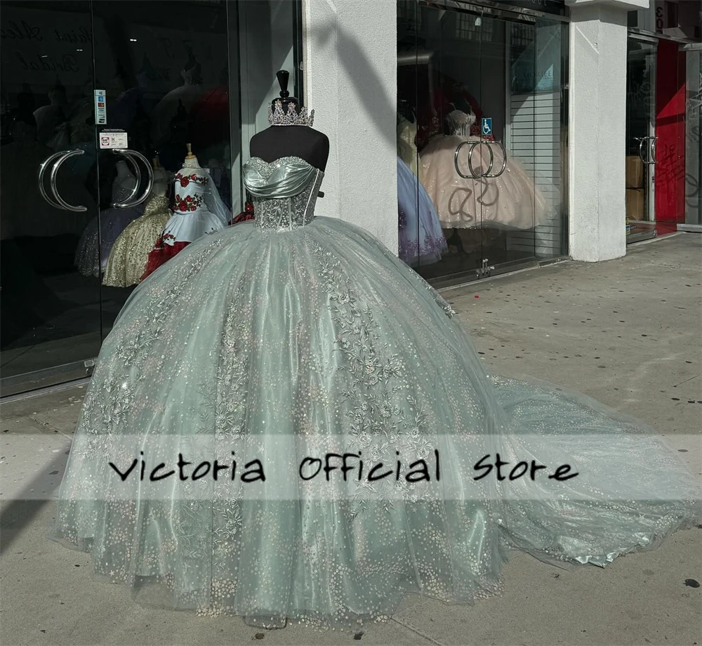 Vestido de quinceañera con apliques de encaje verde salvia, vestido de baile de corazón, vestido de princesa mexicana dulce dieciséis, vestidos de boda