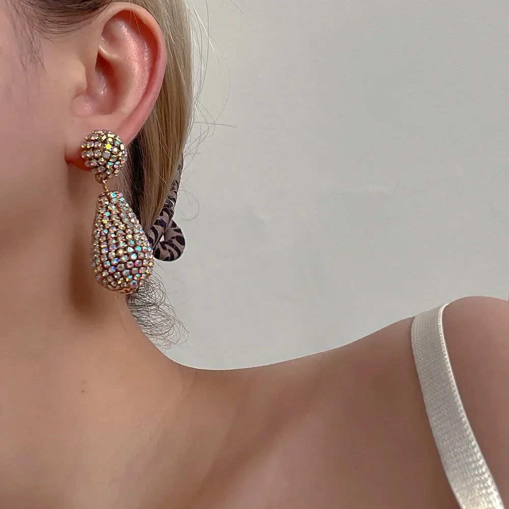 Minar INS Hot AB Color Full Rhinestones Water Drop Dangle Earrings for Women Gold Plated Alloy Long Hanging Earring Oorbellen