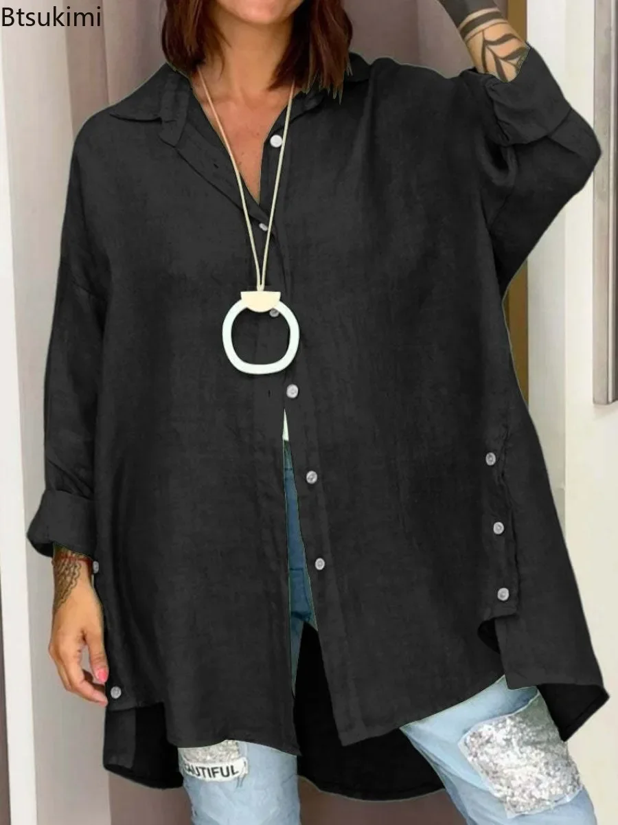New 2025 Women's Loose Casual Cotton Linen Shirts Summer Solid Button Cardigan Tops Breathable Mid-length Irregular Blouse Femme