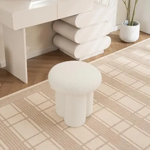 15.5" Mushroom Vanity Stool, Round Ottoman, Sherpa Beige | Modern Upholstered Foot Stool for Living Room, Entryway