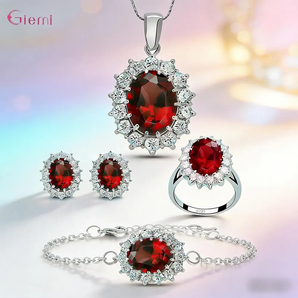 

Luxurious 925 Sterling Silver Oval Cubic Zircon Necklace Ring Earrings Bracelet Set Women Wedding Engagement Bridal Jewelry Gift