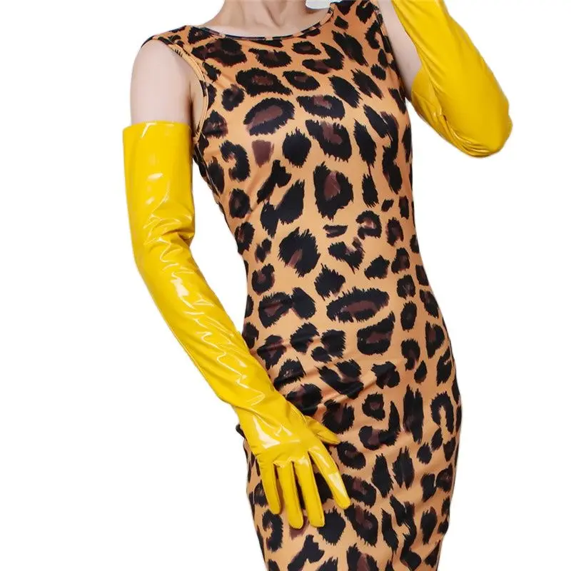 Guantes de charol para mujer, de imitación de cuero de oveja, PU, plátano amarillo brillante, Cosplay, HPU49, 28cm