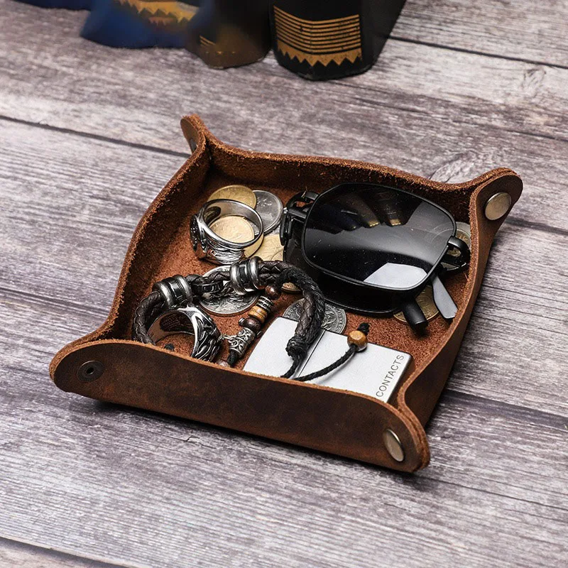 

Genuine Leather Foldable waterproof Trays Cowhide Square Tray Key Wallet Coin Organizer Home Office Desktop Storage Sundries Box