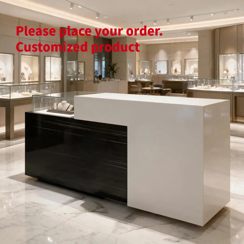 custom.Luxury L-Shaped Glass Top Jewelry Display Counter Dark Wood Matte White Two-Tone Integrated Showcase Retail Boutique Rece