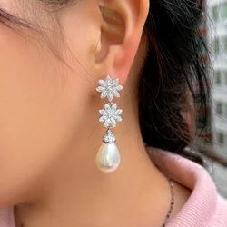 CWWZircons Chic Cubic Zirconia Cluster Flower Dangle Drop Long Pearl Earrings for Women Wedding Pageant Jewelry Accessory CZ632