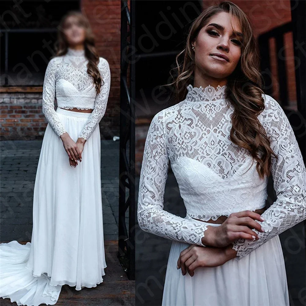 New Arrival Holy White Wedding Dresses Lace Two Pieces Long Sleeves Bridal Gowns Summer Beach Vestido de novia High Collar
