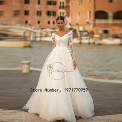 Classic V-Neck Wedding Dresses For Woman Long Sleeves Applique Bride Gowns A-Line Tulle Civil Lace robe de mariée 2024 New