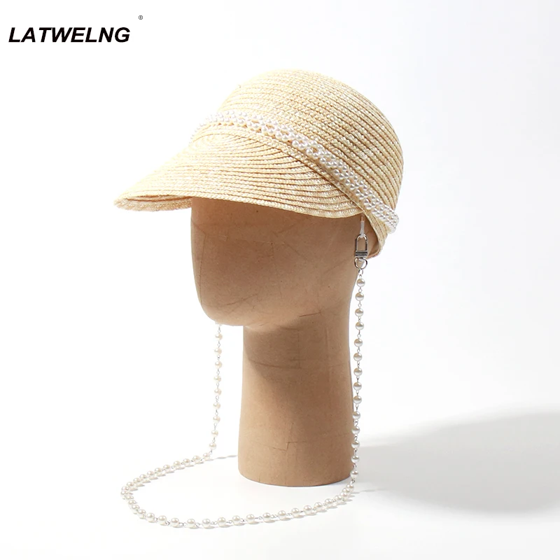 

Luxury Desige Pearl Chain Straw Hats For Women Summer Sun Beach Hat Ladies Fashion Tea Party Hat Sunshade Baseball Caps