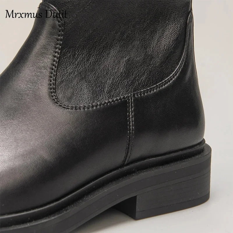 Mrxmus 2023 Autumn Winter New Genuine Leather Fashion Round Head Elasticity Ankle Boots Women Solid Simple Casual Shoe Female