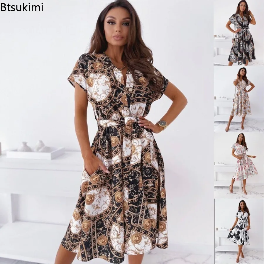 

Elegant Women's V-neck Short Sleeve Print Shirt Dress Summer Fashion Lace Up Mid Length Dress Office Ladies Temperament Dresses