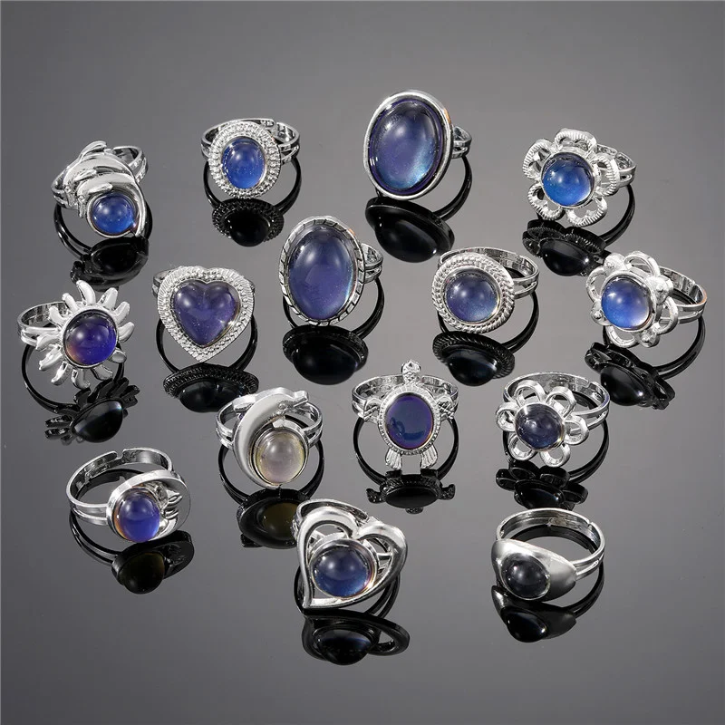 1PC Bohemia Vintage Heart Moonstone Ring Temperature Color Changing Minimalist Finger Open Adjustable Ring Ring