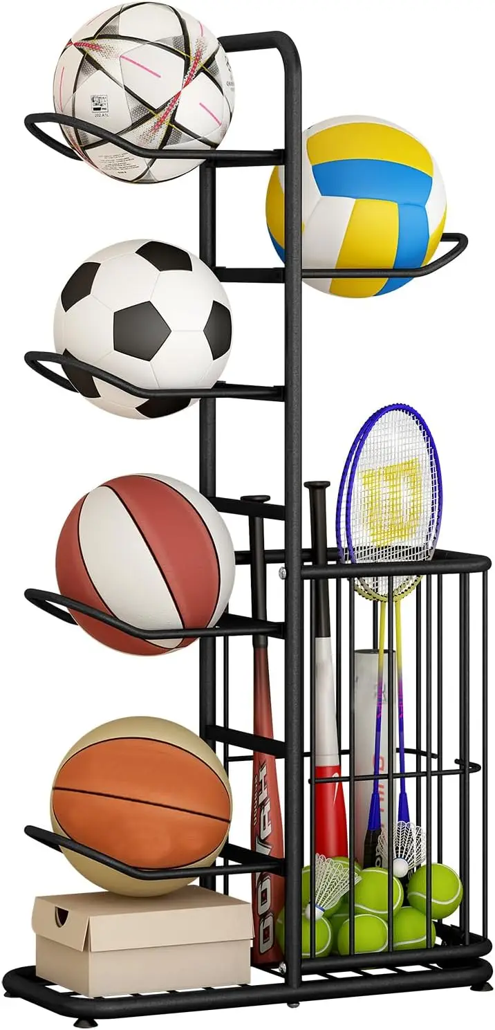 Étagère de rangement sur pied avec panier, support métallique robuste pour ballons de basketball, football, volleyball, rugby, organisateur gain de place pour garage, chambre, salle de sport