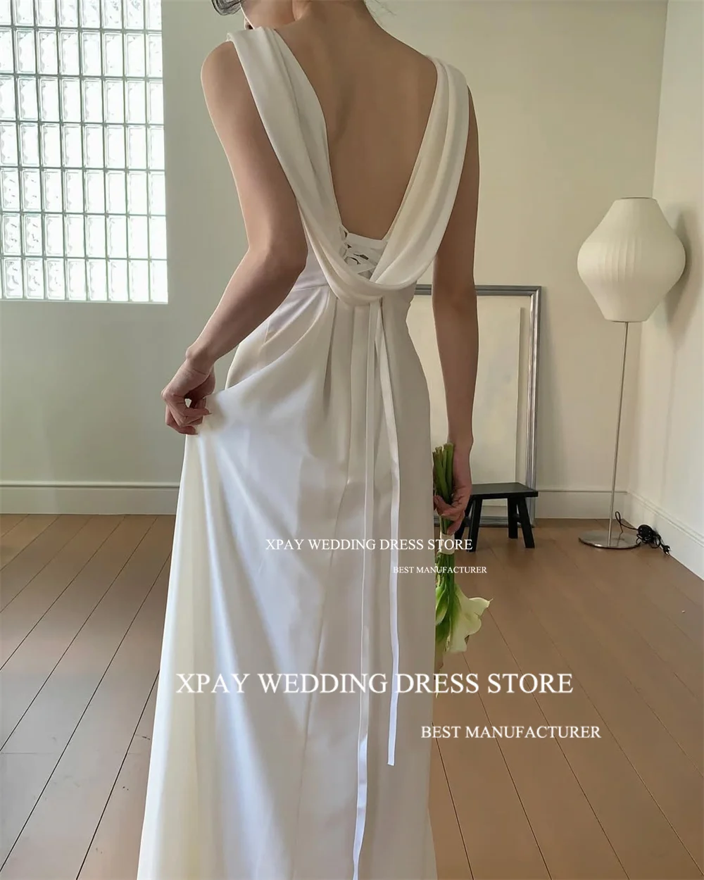 XPAY Elegant Scoop Neck Korea Wedding Party Dresses Cowl Backless Satin Customized Bride Dress Backless Bridal Gown Photos Shoot image 3