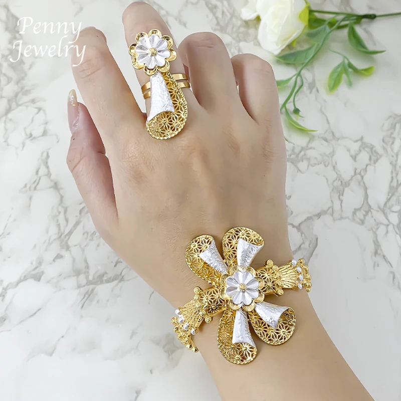Big Size Luxury Textured Collar Necklace Earrings Bracelet Ring Choker Two Tones Golden Jewelry Set Bridal Wedding Party Gifts
