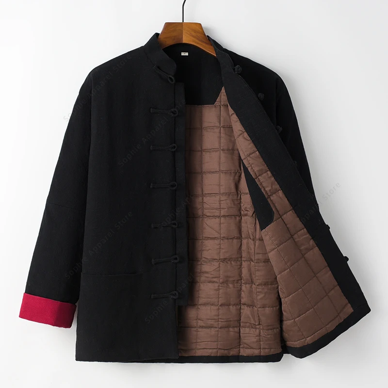 

Winter Cotton Linen Tang Suit Jacket Stand Collar Buckle Thick Cotton Coat Quilted Traditional Chinese Tops for Men