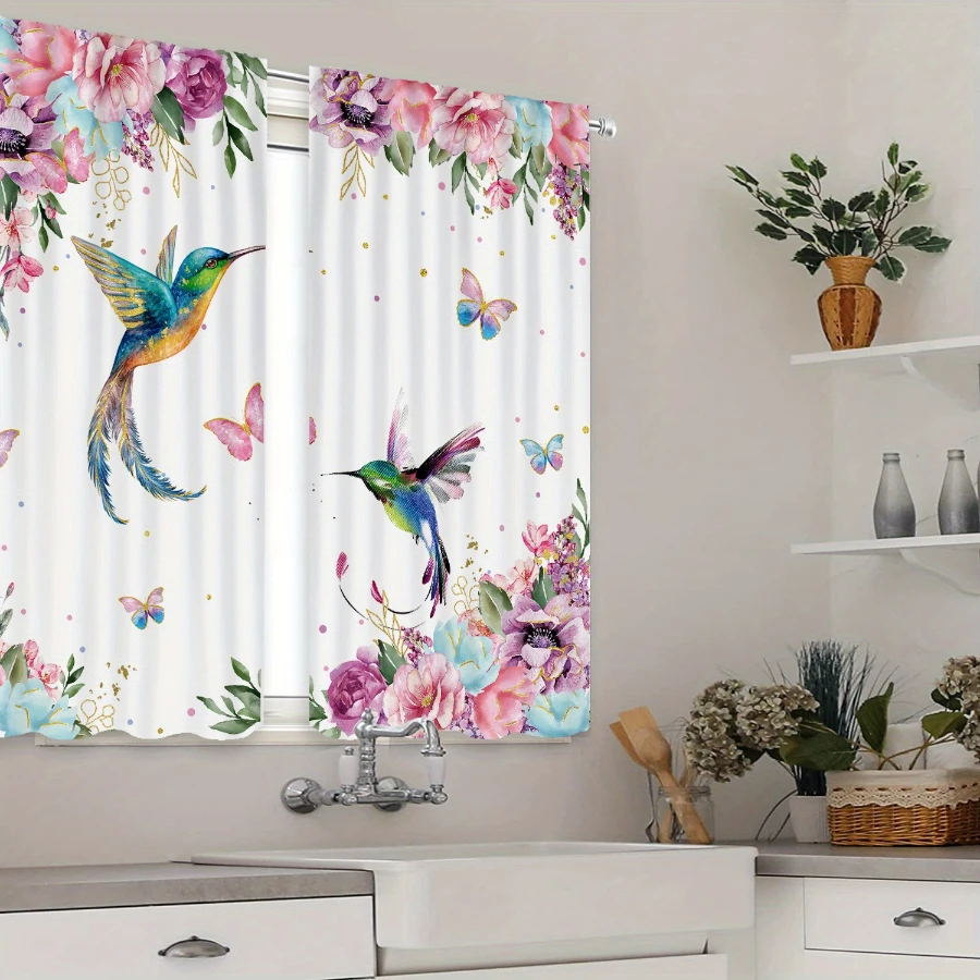 2PCS Digital Print Curtains, Pink Flowers Hummingbird, Vibrant Garden Bird Decor Colorful Nature Wildlife Living Room Drapes