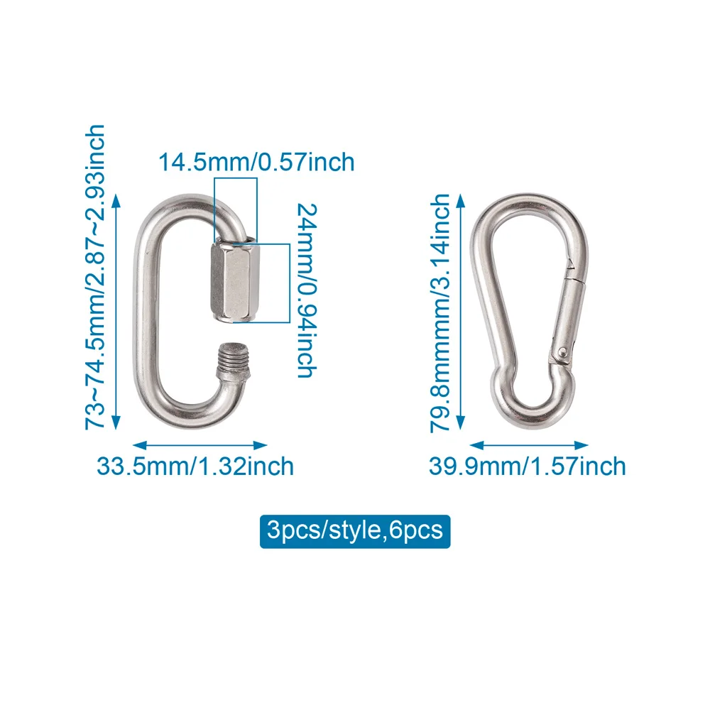 6Pcs 2 Style Stainless Steel Key Clasps Screw Carabiner Lock Outdoor Camping Hiking Buckles Spring Snap Hooks Keychain Tool Clip