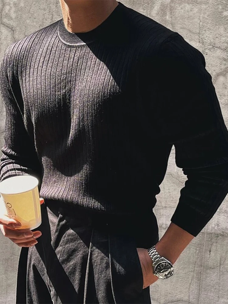 

Men's round Ne Knit Sweater Slim Fit Vertical Stripes Elastic Autumn Winter Faionable Base Layer irt American Sle Casual