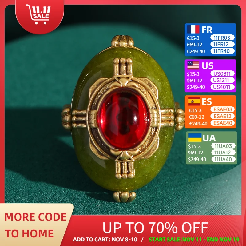 

Vintage Retro Palace Enamel Green Rings For Woman Red Oval Glass Gold Color Wedding Jewelry Bride Accessories 2025 Adjustable