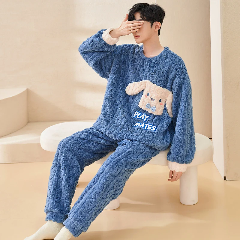 Cartoon Sanrio Jade Cinnamon Dog Couple Pajamas Seasonal Coral Fleece Crew Neck Long Sleeve Cotton Two-piece Set Women\'s Pajamas