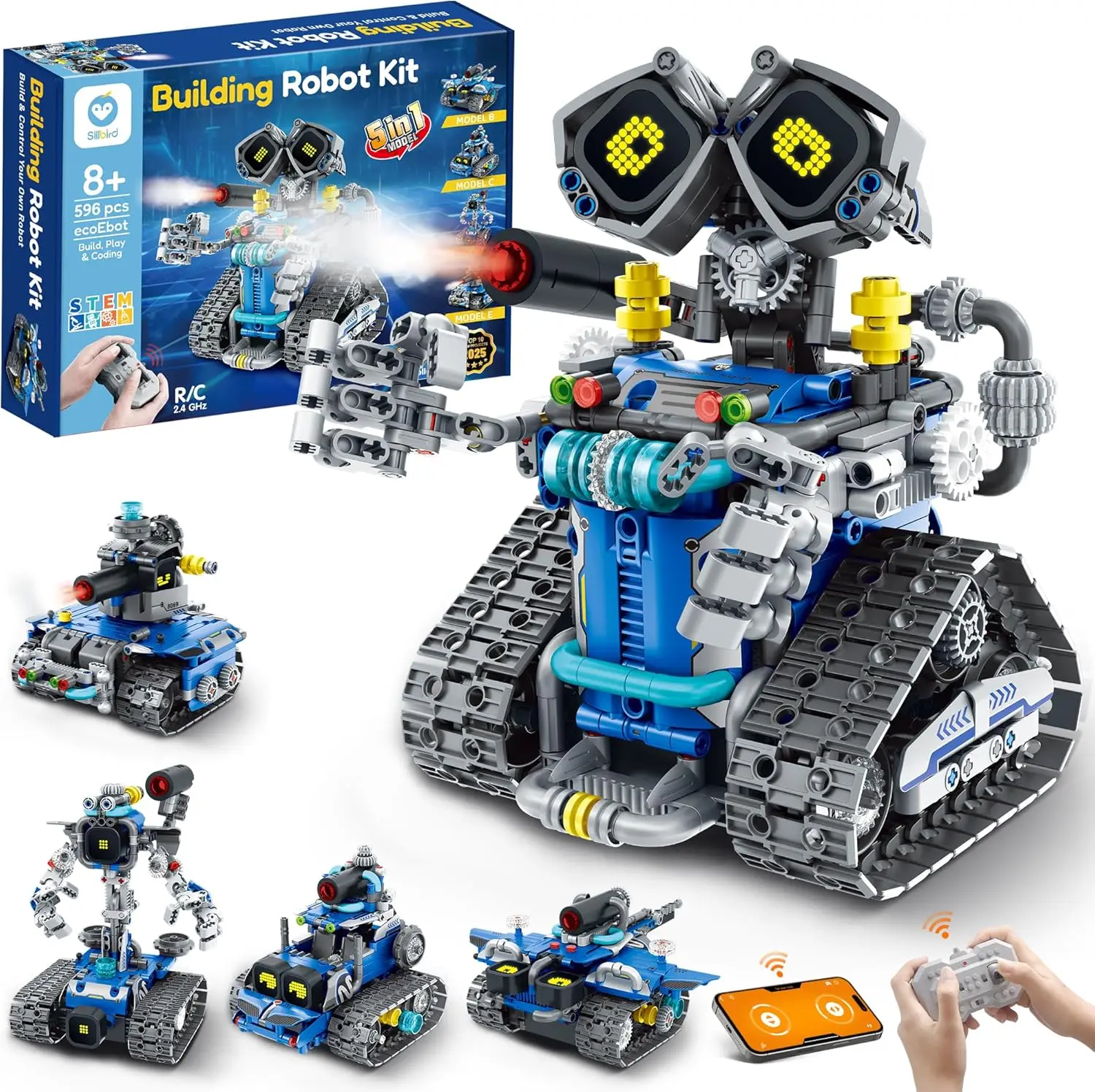 5-in-1 STEM Robot Building Kit with Remote Control, 596 Pieces Educational Toy for Kids Ages 8-14