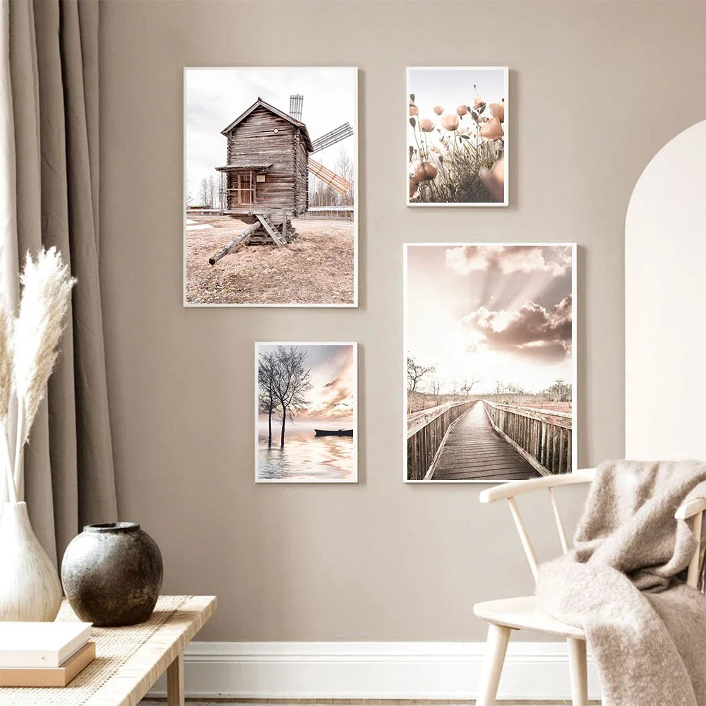 البحر المشهد قماش طباعة الشاطئ المشارك جسر خشبي القش زهرة جدار الفن اللوحة الشمال جدار صور لغرفة المعيشة ديكور