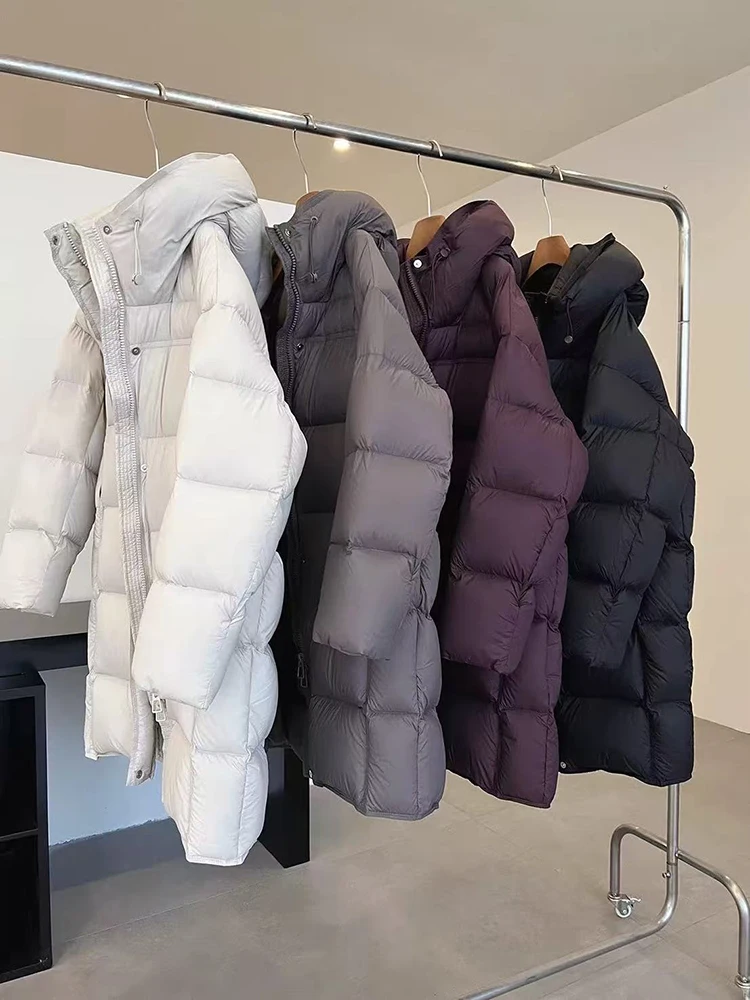 Winter Mid Length Hooded Solid Matte Down Jacket Female Zipper Warm Thick Outwears Women White Duck Down Parker Down Jackets