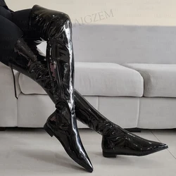 BERZIMER donna stivali alti alla coscia cerniera laterale tacchi bassi stivali sopra il ginocchio Botas fatti a mano scarpe da donna donna Plus Size 37 41 43 45