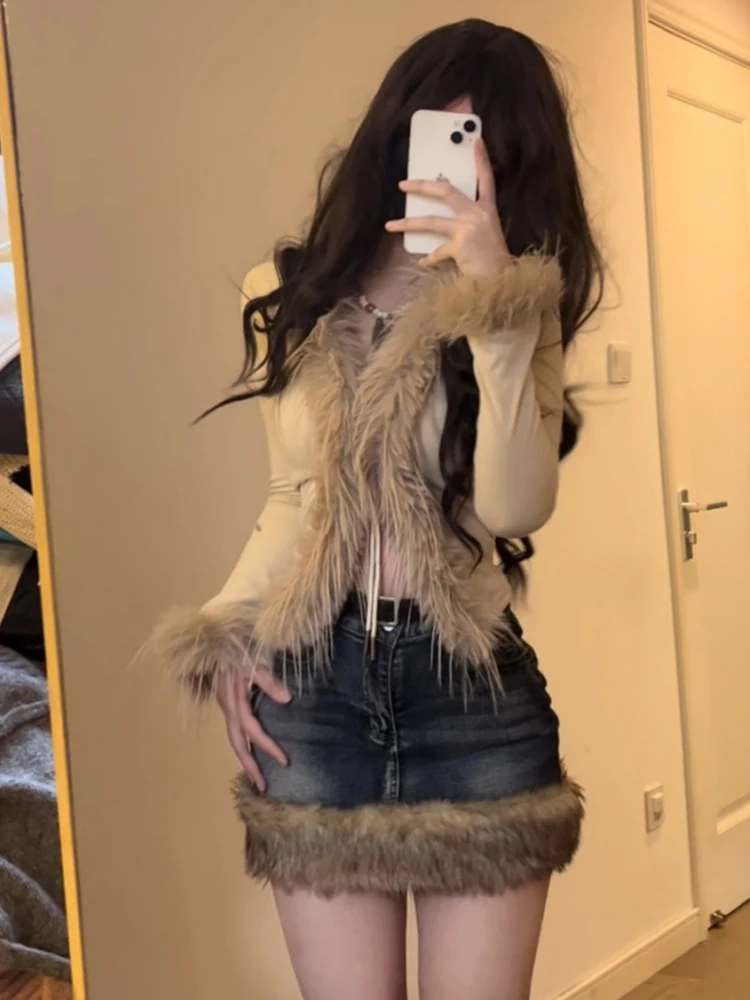 Washed Fur Paneled Denim Skirt for Women Retro Sexy Hot Girl High Waist A-line Skirt Y2k Skirt Fashion Casual Package Hip Skirt