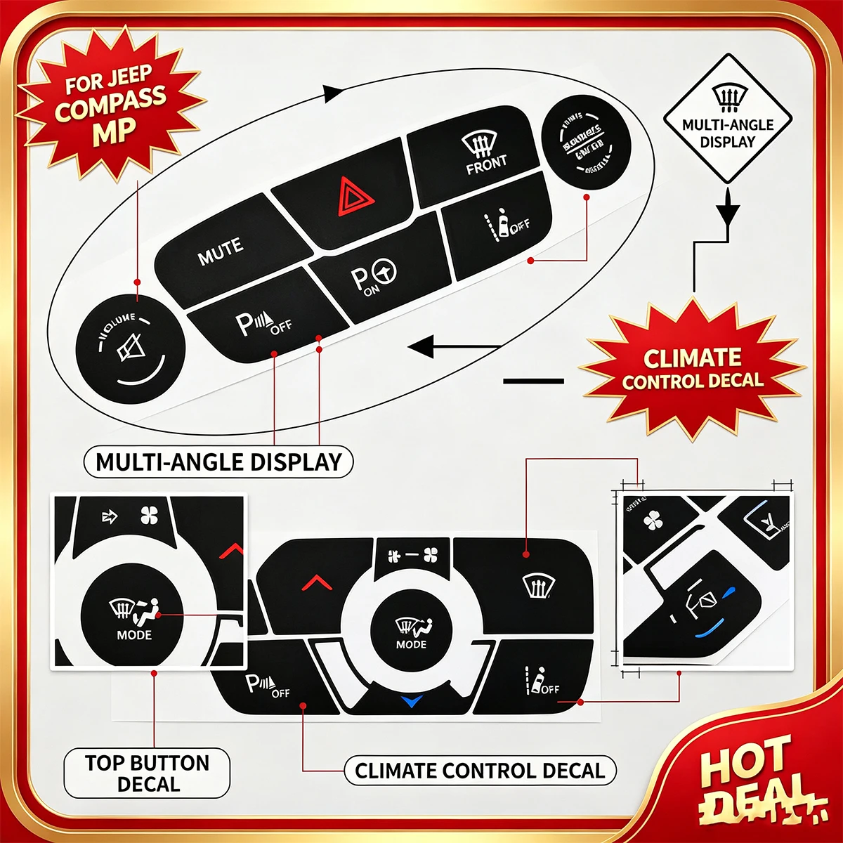 For Jeep Compass MP AC Panel Decal Sticker - Faded Button Repair, Climate Control Reverse Radar Hazard Light Fix
