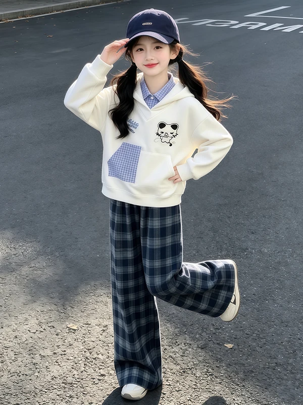 Girls Plaid Pants And Hooded Top Set Autumn Casual Fashionable Little Girl Pocket Two Piece Suit New Model Children's Clothing
