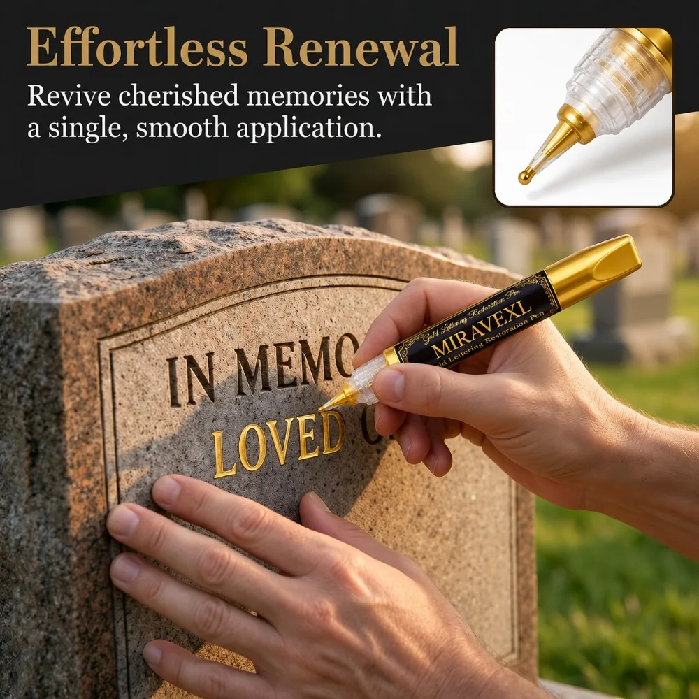 Gold Headstone Lettering Pen 10ml with Detail Brush, Waterproof Grave Marker Paint Pen for Faded Tombstone Inscriptions