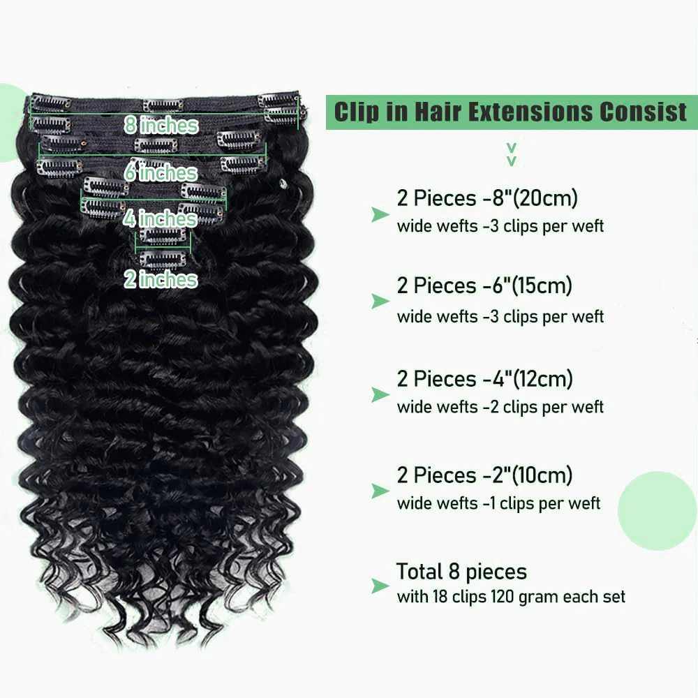 Grampo em extensões do cabelo humano para mulheres, onda profunda, extensões encaracolados, 8 PCes, 120g pelo grupo, 10-26 dentro