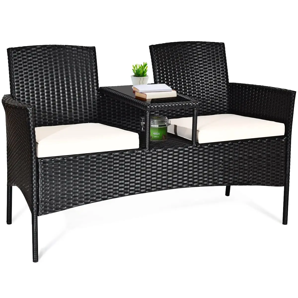 

Плетеная кушетка из ротанга с кофейным столиком для улицы, комплект мебели для отдыха на террасе с подушками, на заказ