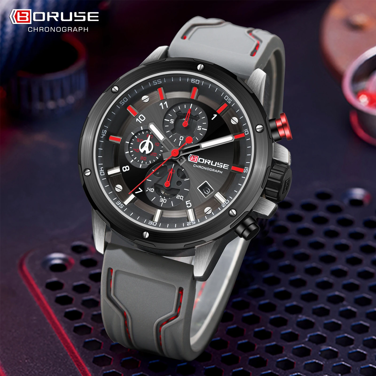 BORUSE Men Fashion Luxury Chronograph Quartz Watch Black Silicone Watch Strap Big Dial Military Wrist Watch for men waterproof