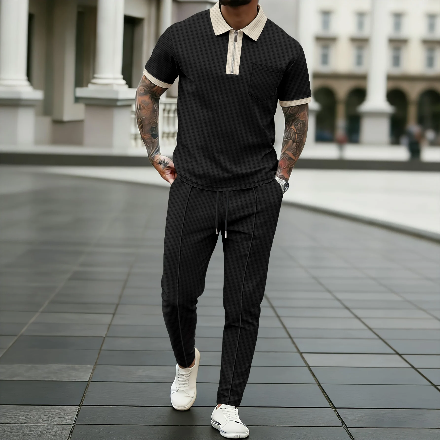 Men's Waffle Knit Tracksuit 2 Piece Set, Half-Zip Contrast Collar Short Sleeve Polo Shirt & Elastic Drawstring Waist Long Pants view 3