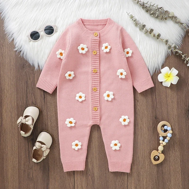 3D Floral Cute Newborn Knitted Clothes Baby Girls Sweater Romper Long Sleeve Crew Neck Button Closure Flower Fall Kids Jumpsuit