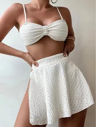 Conjunto de maiô de três peças para mulheres, roupa de banho tanga, biquíni sexy, saia sarong, moda praia, capa branca, novo, 2024