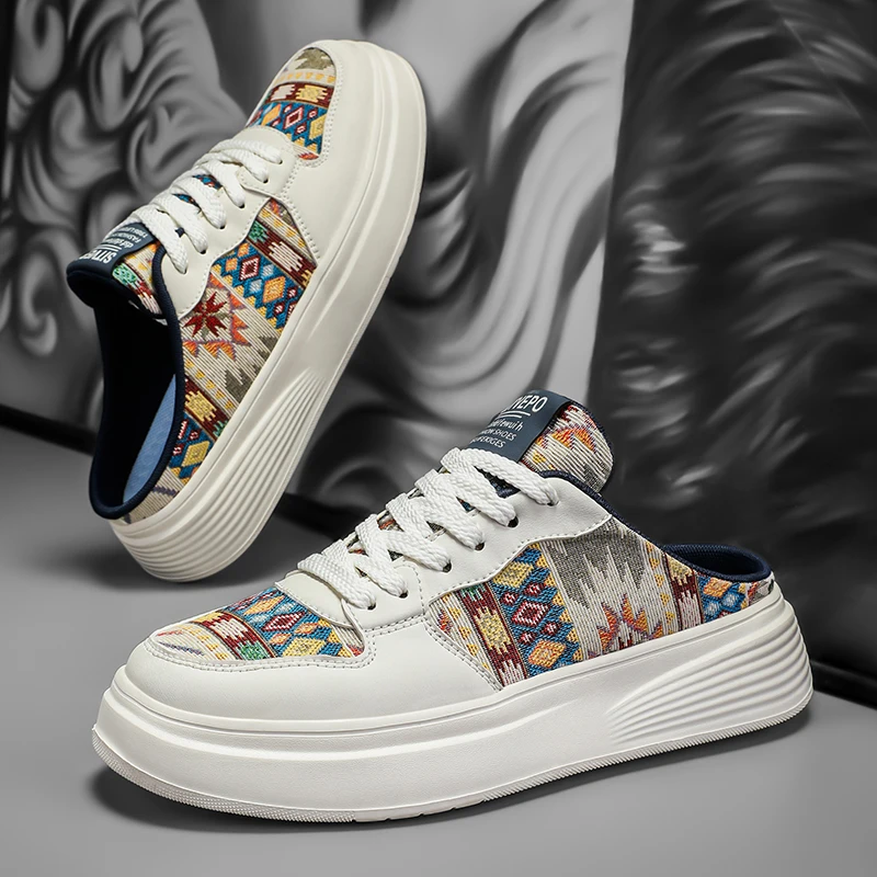 

Summer Platform Half Shoes For Men Mules Flats Backless Loafers Slippers Man Slides Thick Bottom Mens Semi-Drag Casual Shoes