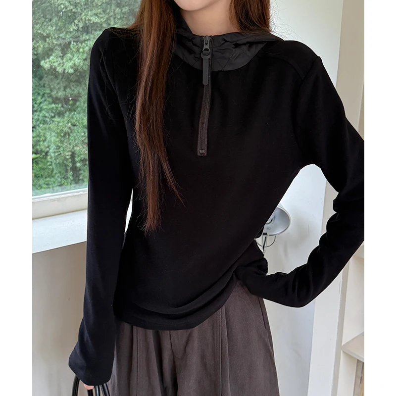 

Женская футболка с длинным рукавом, нижняя рубашка, верхняя часть на полумолнии, внутренняя верхняя одежда, осенняя толстовка с капюшоном