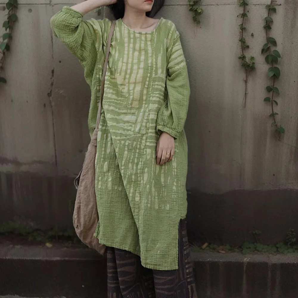 

Womens Lightweight Boho Ramie Texture Dresses Sen Series Rubbing stripes Beach Vacation Loose Casual Midi Dress Spring Summer