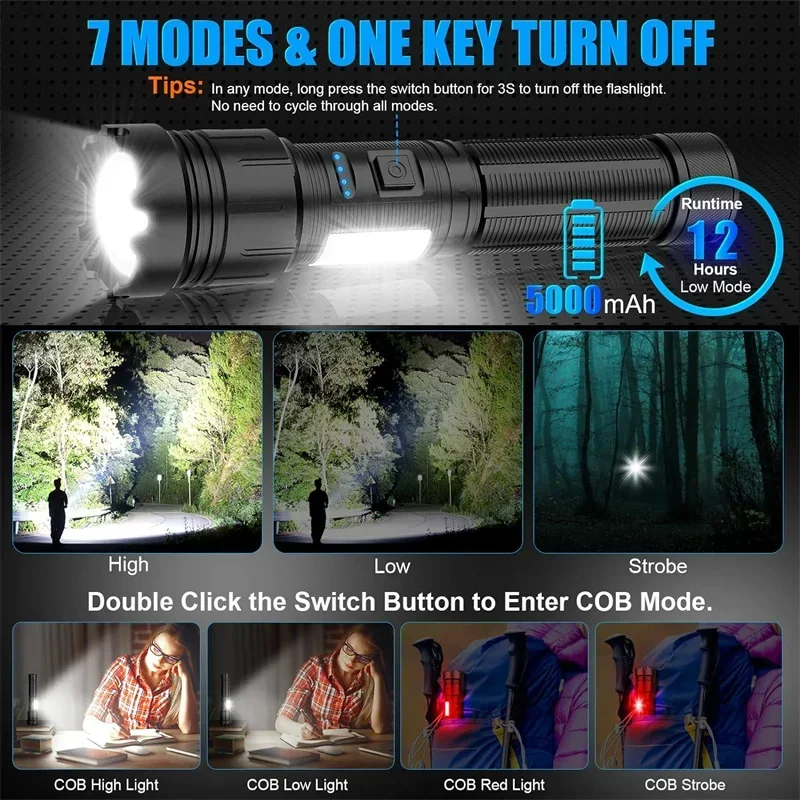 High Power Led Flashlights 990000000LM Ultra Powerful Flashlight COB Zoomable Dual Light Source Rechargeable Torch For Camping