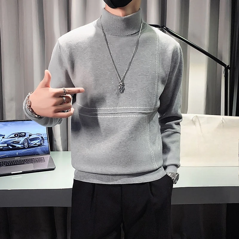 Maglione lavorato a maglia ispessito slim fit invernale da uomo con collo alto e jacquard, top a collo lungo tinta unita per giovani uomini