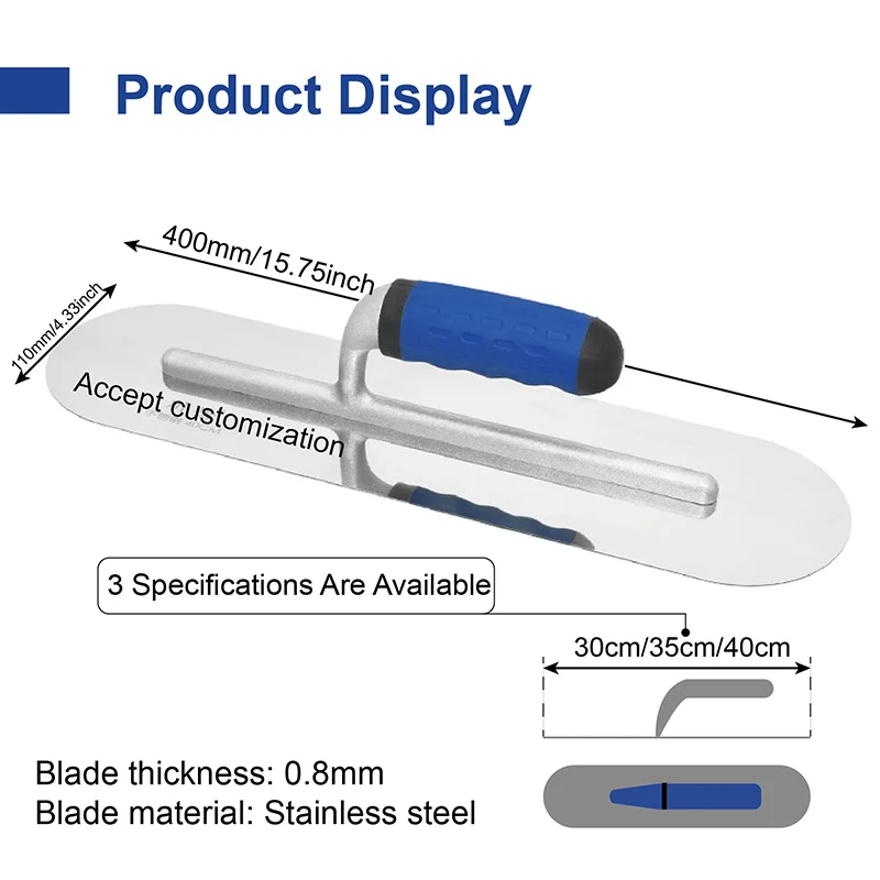 Stainless Steel Plaster Trowel Round 40 x 11 cm Professional Drywall Tools Swimming Pool Trowel Smooth Multiple Specifications